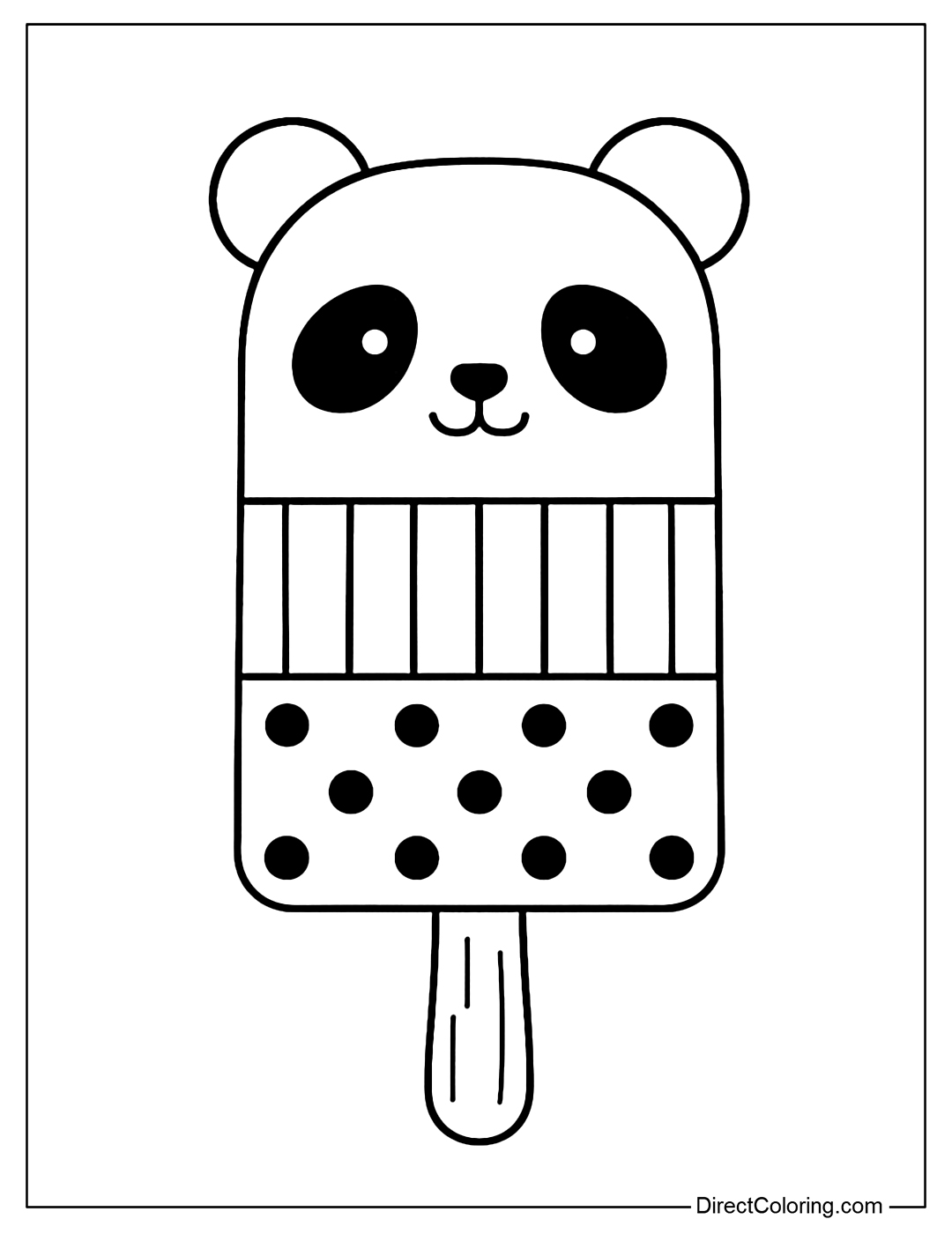 Panda Popsicle Coloring Page: Panda head, striped and polka dot body.